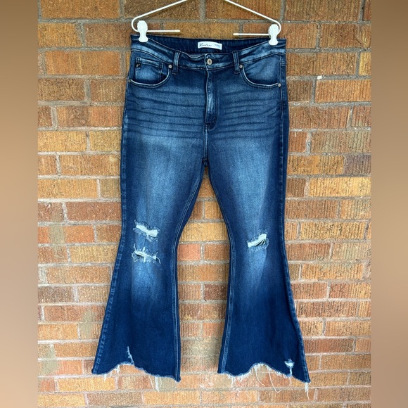 KanCan Jeans Womens 31 Blue Flare High Rise Dark Wash Stretch Distressed - Picture 1 of 8